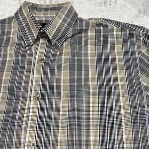 F/X Fusion Shirt Men's Size Medium Plaid Design Blue Brown Tan White Preppy